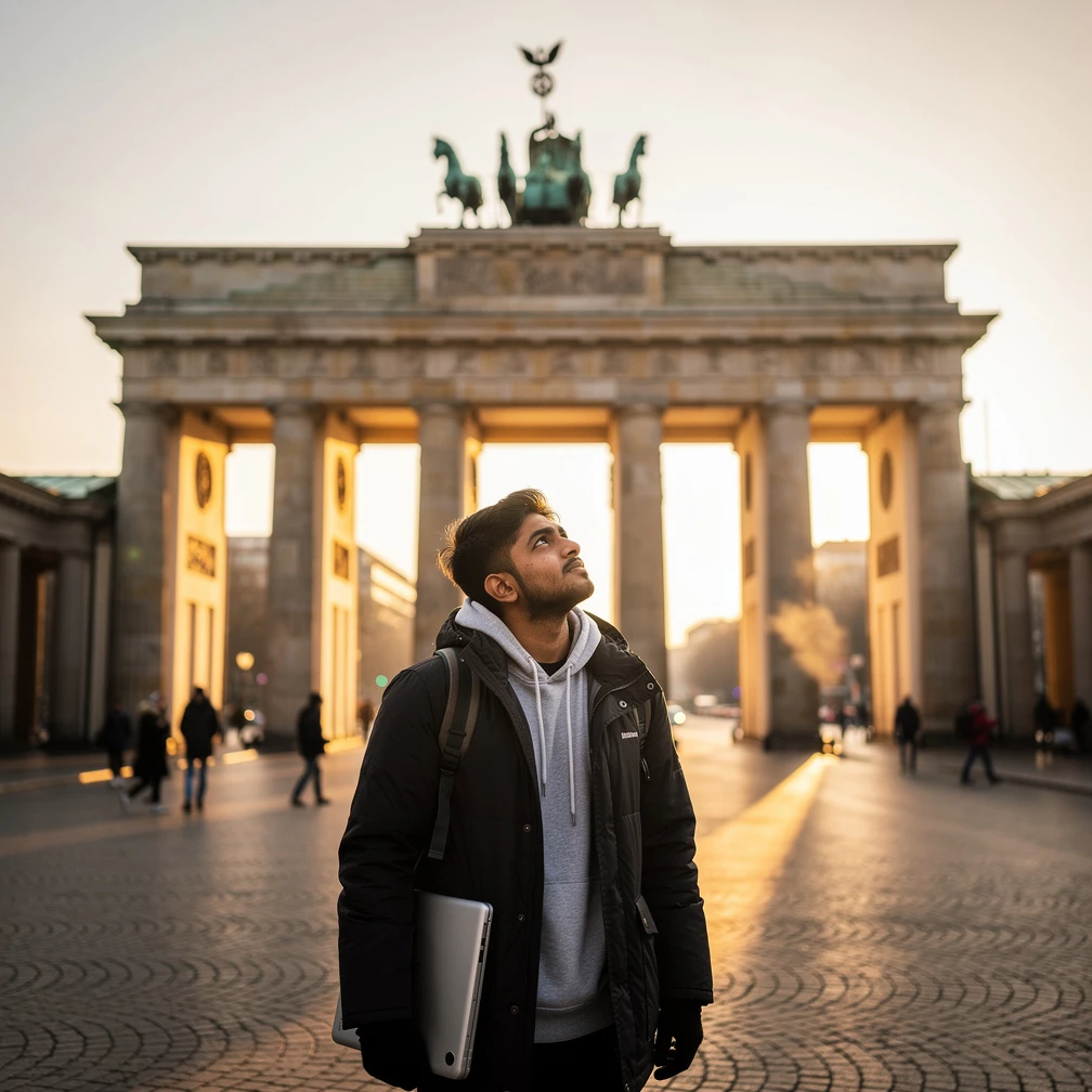 Indian student standing at Pariser Platz in Berlin with the Brandenburg Gate filling the background. DAAD Scholarship internship Germany 2026.