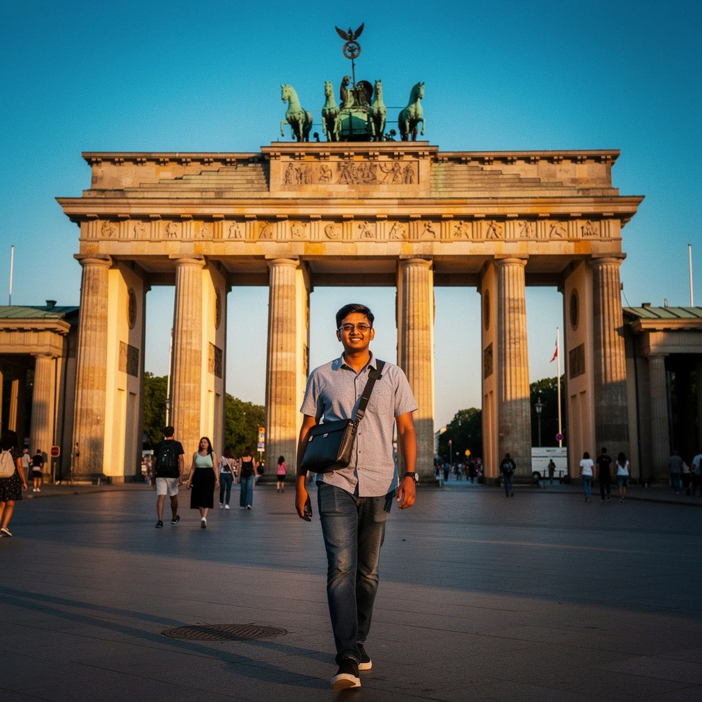 Indian university student walking toward the Brandenburg Gate in Berlin for an Erasmus+ traineeship 2026