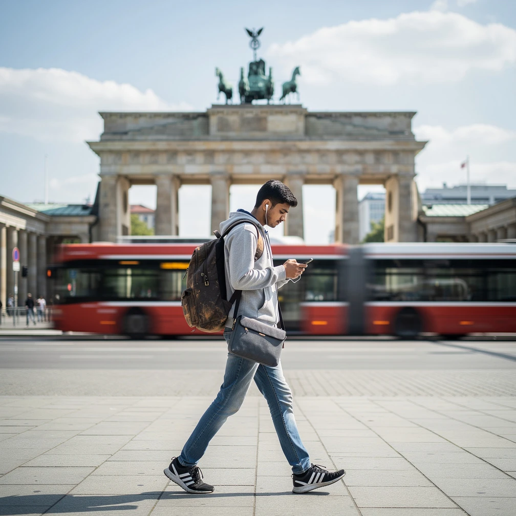 Indian engineering student walking across Pariser Platz with the Brandenburg Gate behind him during a DAAD WISE summer internship in Berlin