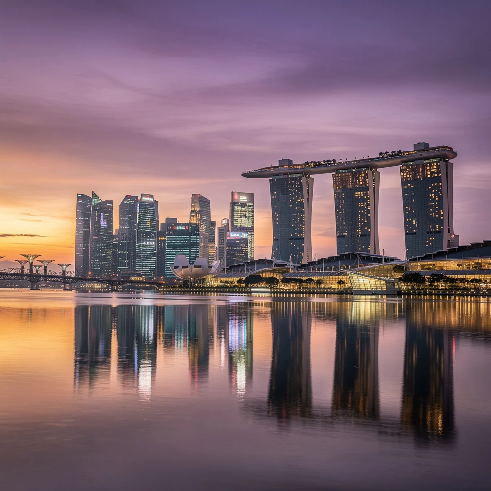 Singapore Marina Bay Sands skyline reflected in bay at dusk