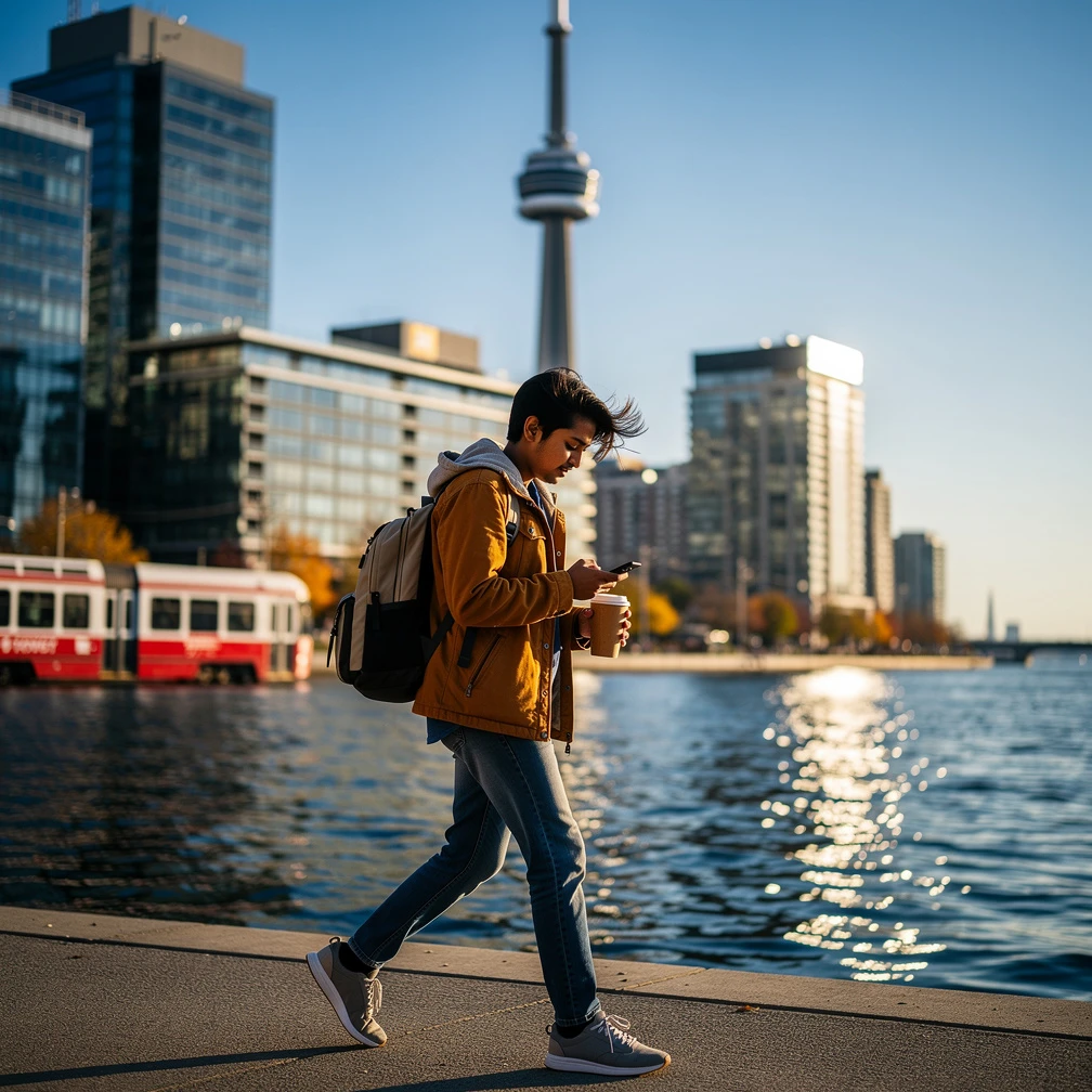 Indian student walking along the Toronto waterfront with the CN Tower behind them, Canada internship guide 2026