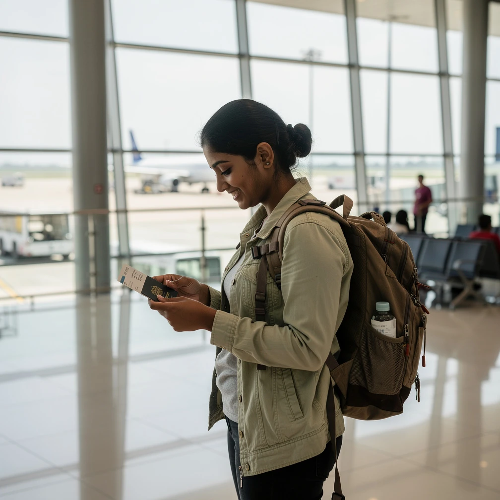 Young Indian woman at international airport departure hall with passport