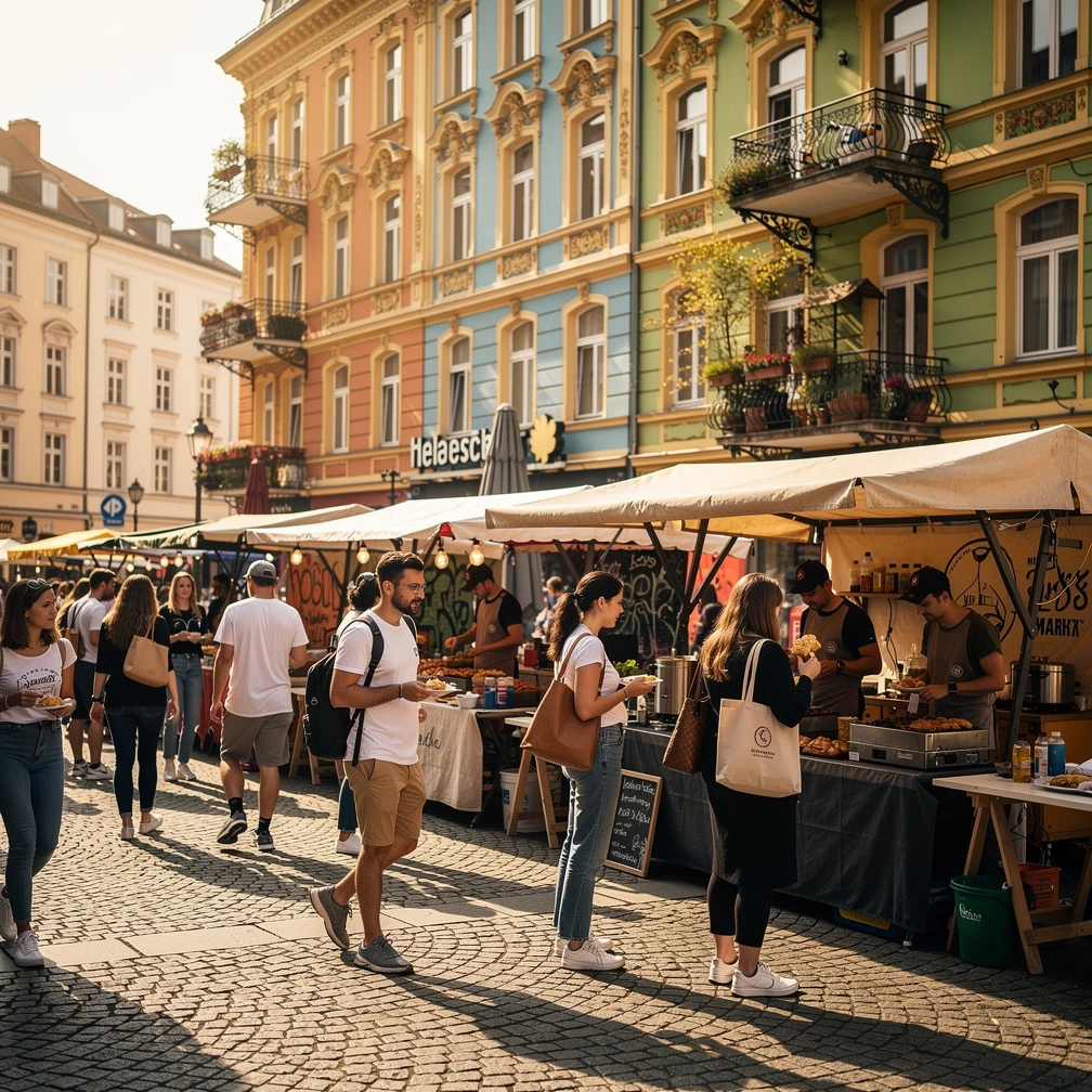 Berlin Hackescher Markt neighbourhood street market with young people