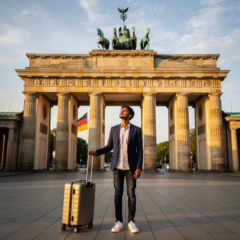 Indian STEM student arriving at Brandenburg Gate in Berlin, Germany. DAAD WISE Scholarship 2026