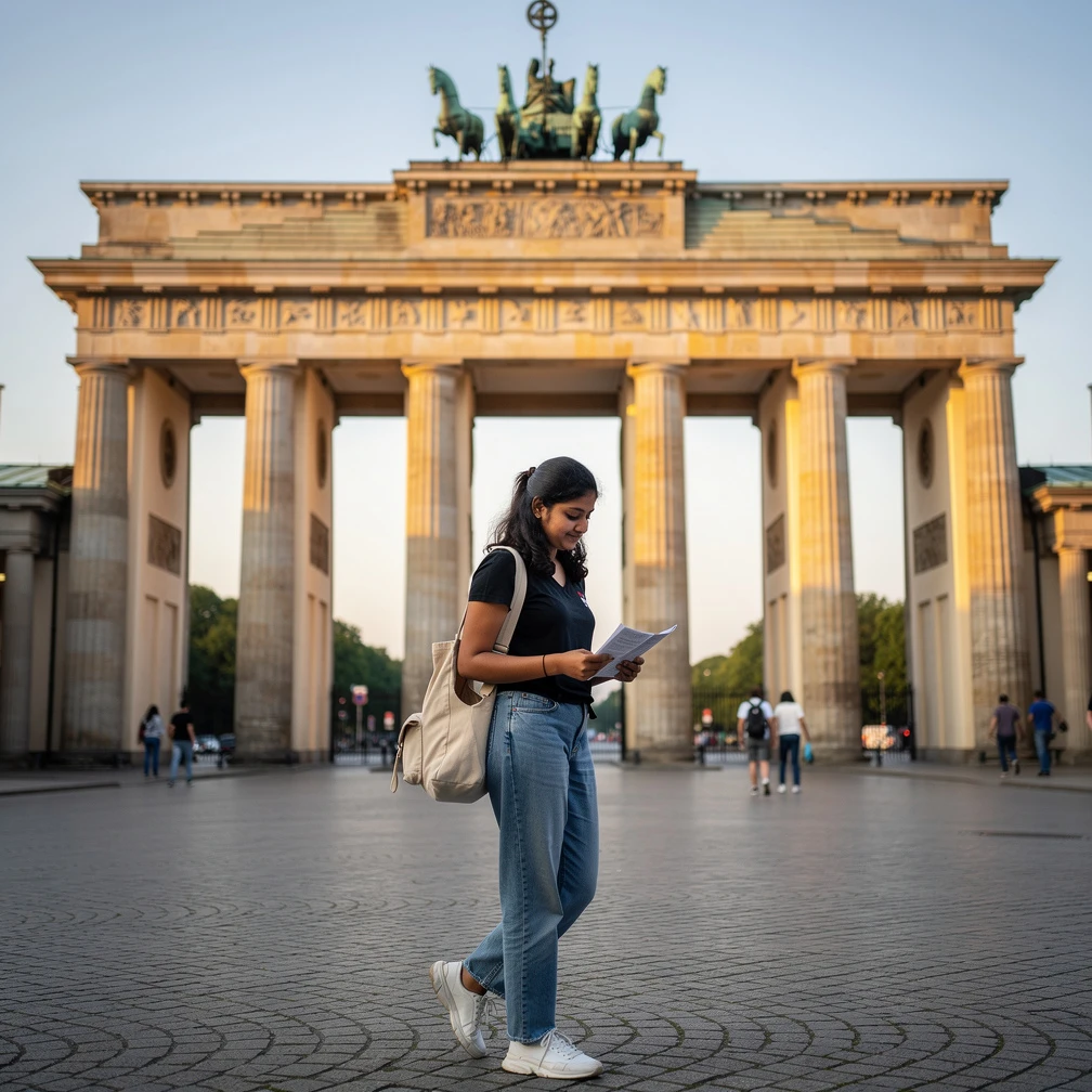 Indian student walking through the Brandenburg Gate in Berlin, DAAD RISE internship Germany 2026