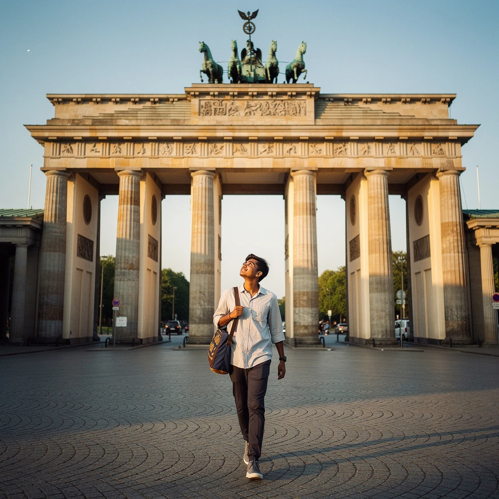 Indian student walking through the Brandenburg Gate in Berlin, DAAD RISE internship Germany 2026