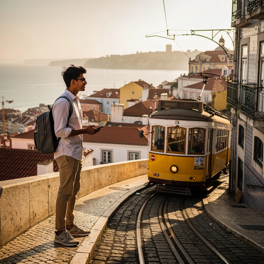 Indian student walking past the yellow Tram 28 in Lisbon's Alfama district