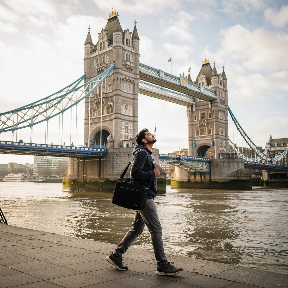 Indian engineering student walks along London's South Bank with Tower Bridge large in the background, carrying a laptop bag, 2026