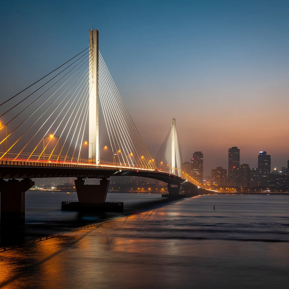 Mumbai Bandra-Worli Sea Link at dusk with city skyline