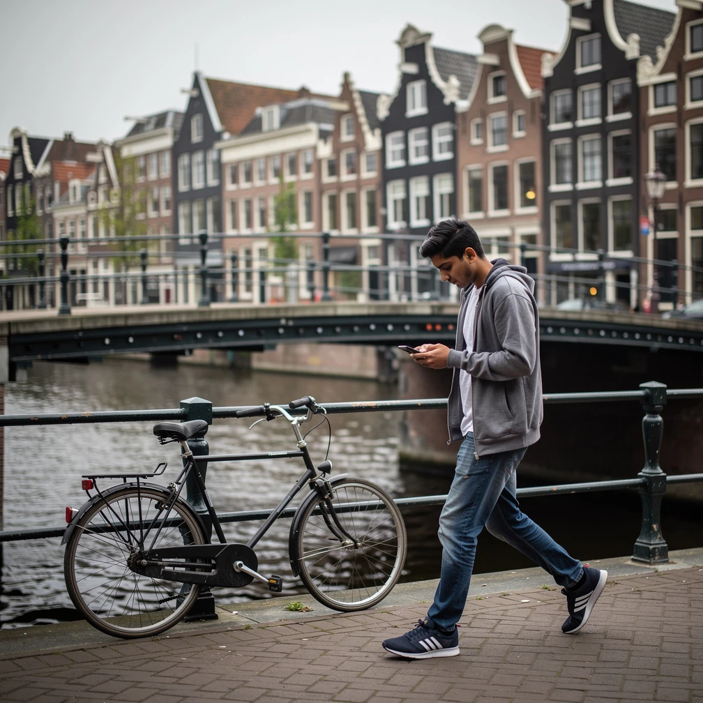 Indian student walking along an Amsterdam canal with classic Dutch canal houses in the background, weighing a Netherlands internship against Germany