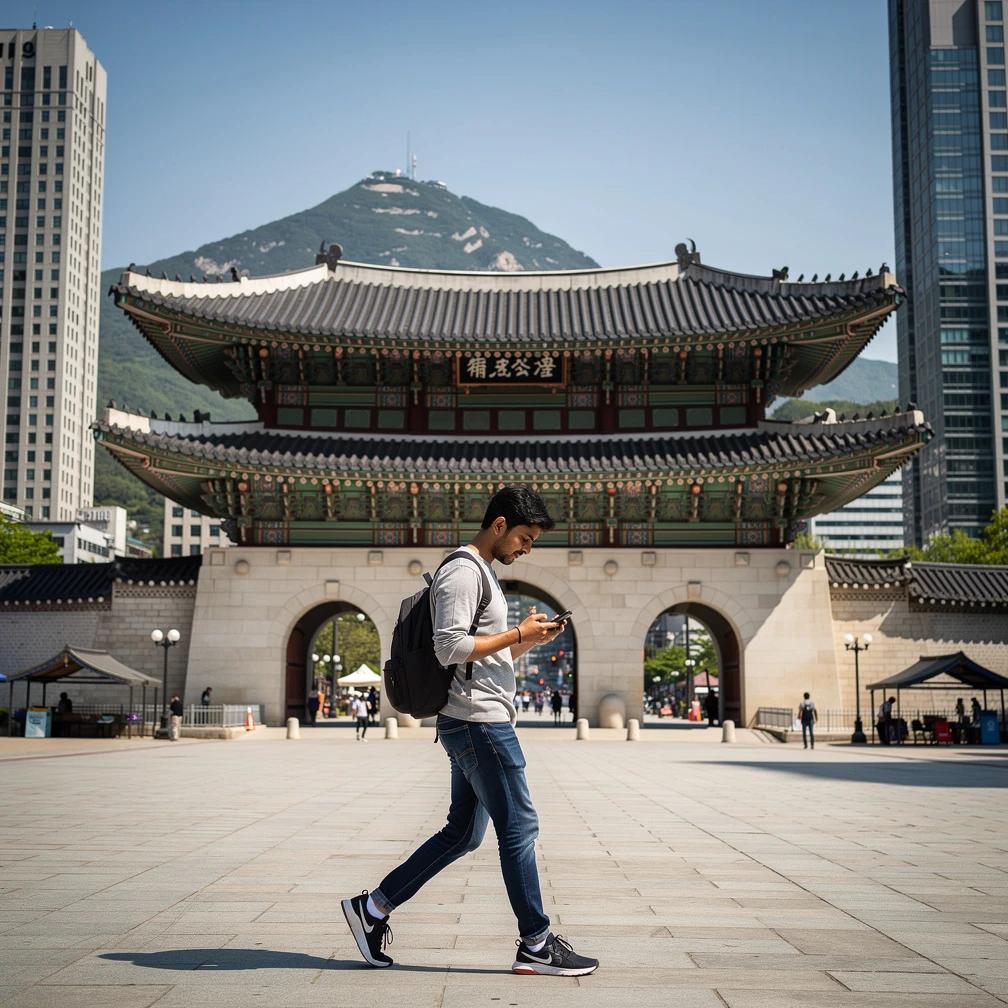 Indian student walking through Gwanghwamun Square in Seoul, South Korea, a growing destination for Indian interns in tech and semiconductors