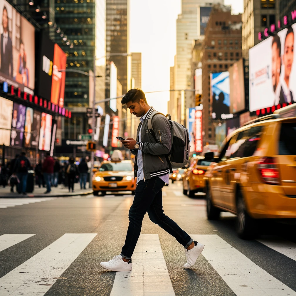Indian student walking through Times Square, New York City, USA internship visa guide