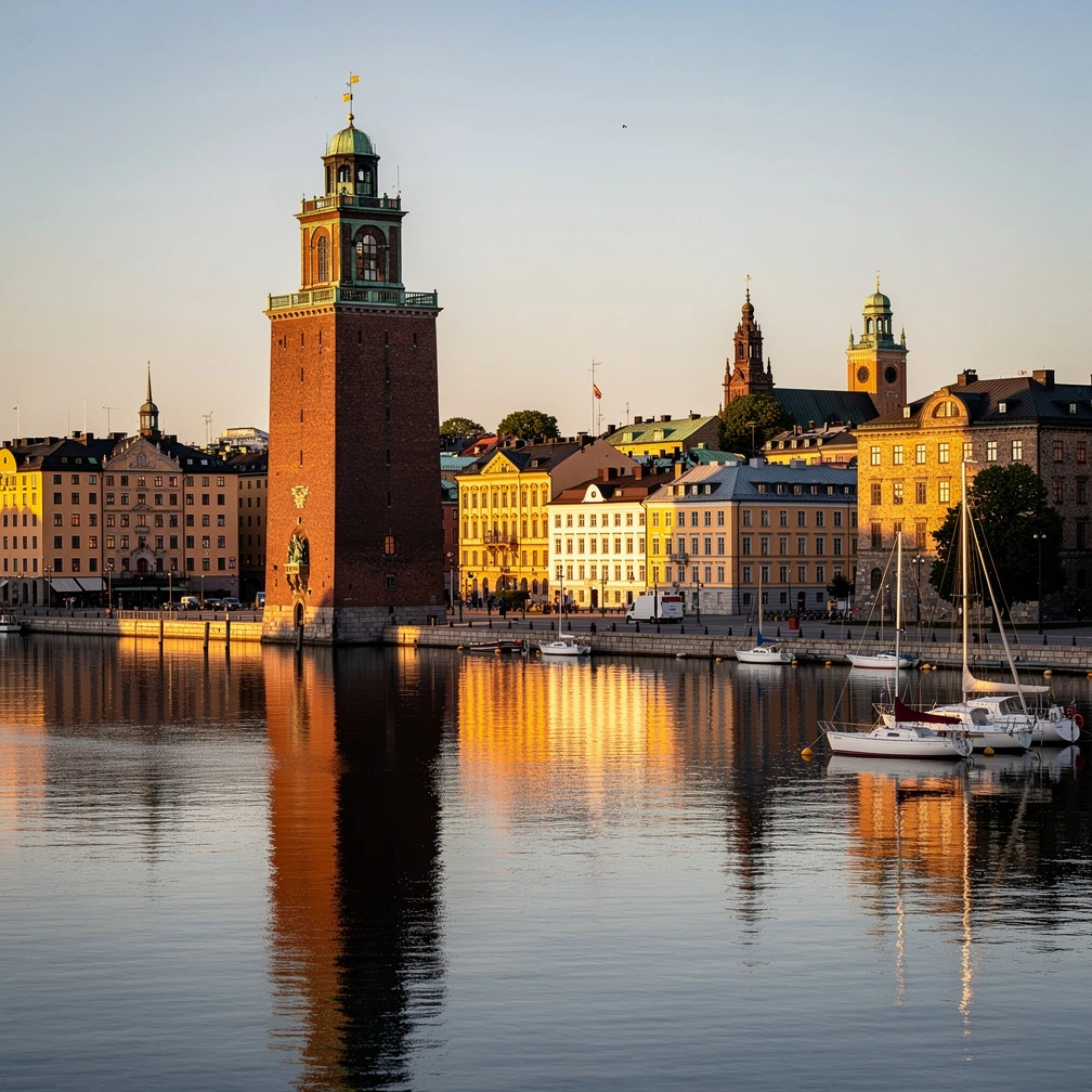 Stockholm city hall and waterfront at summer golden hour
